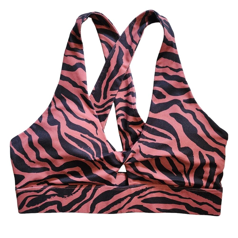 Fabletics Oasis Twist Sports Bra Zebra Print Orange Brown Black Strappy Back...